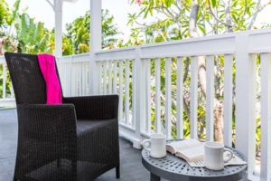 The patio of a Key West vacation rental to relax in before going to watch a drag show.